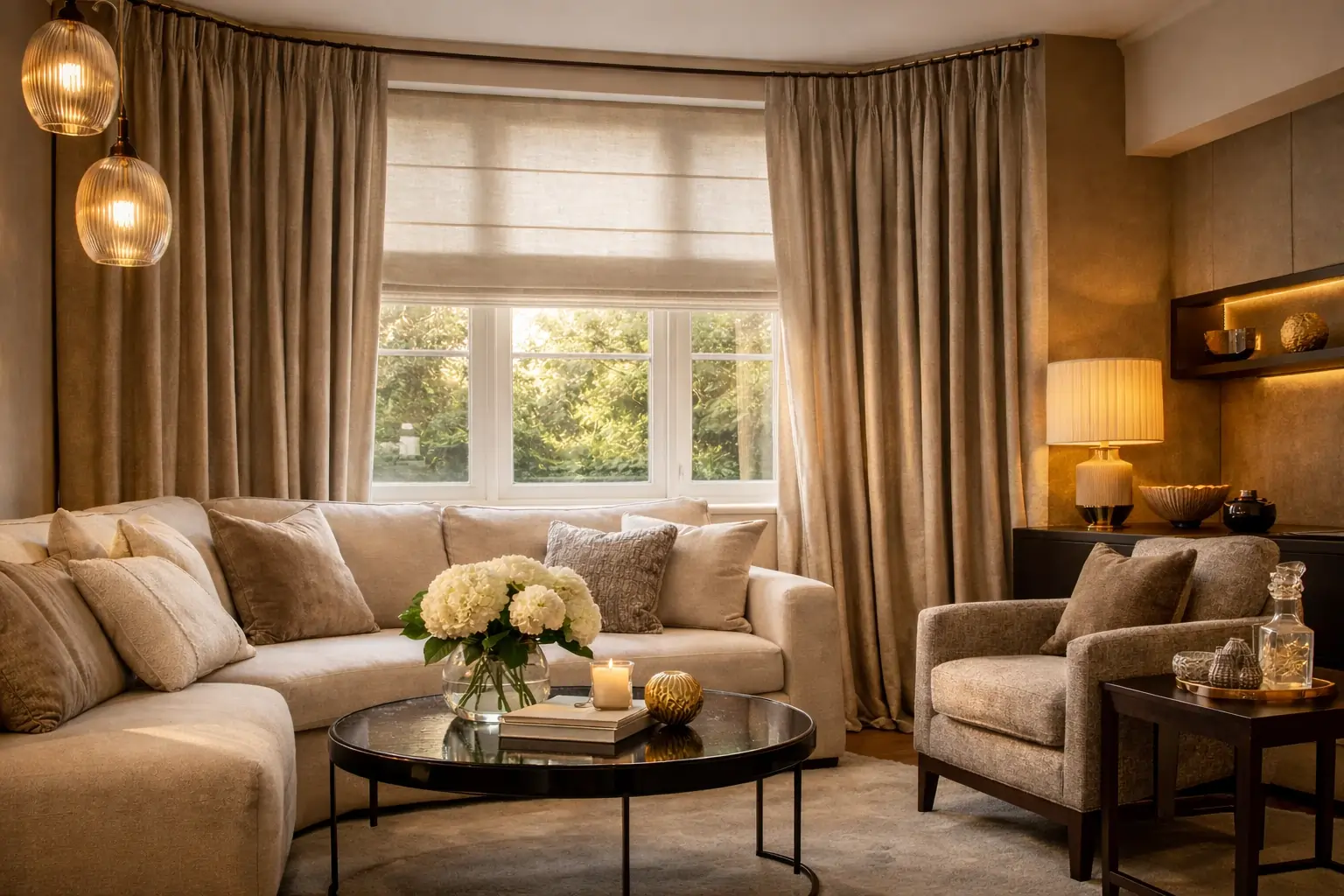 Luxurious curtains and roman blinds in an elegant living room